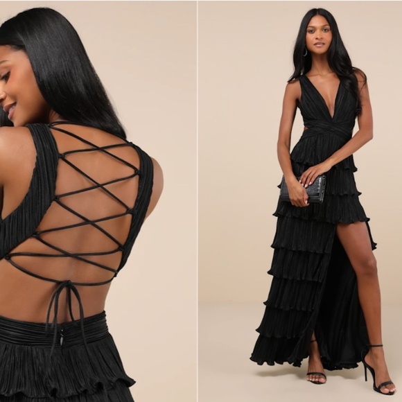 LULU's Prom Wedding Bridesmaid Pleated Tiered Ruffles Boho Black Satin Maxi Dres - Picture 2 of 5